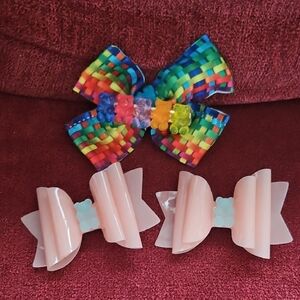 Rainbow Gummy Bear Hair Bow & 2 Peach w/ Flocked Bear Accent Hair Clips